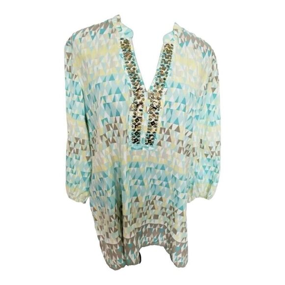 JM Collection Women Brown Blue Printed V Neck Tunic Top Blouse Size 12 Studded - Picture 1 of 12